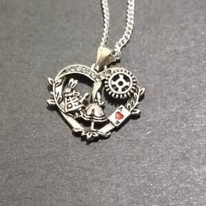 925 Silver Necklace W/ Alice In Wonderland Heart Valentines Birthday Gift